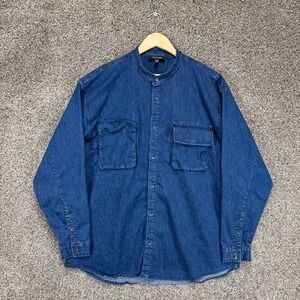 True Religion Denim Shirt Mens 2XL Blue Western Band‎ Collar Pockets Long Sleeve